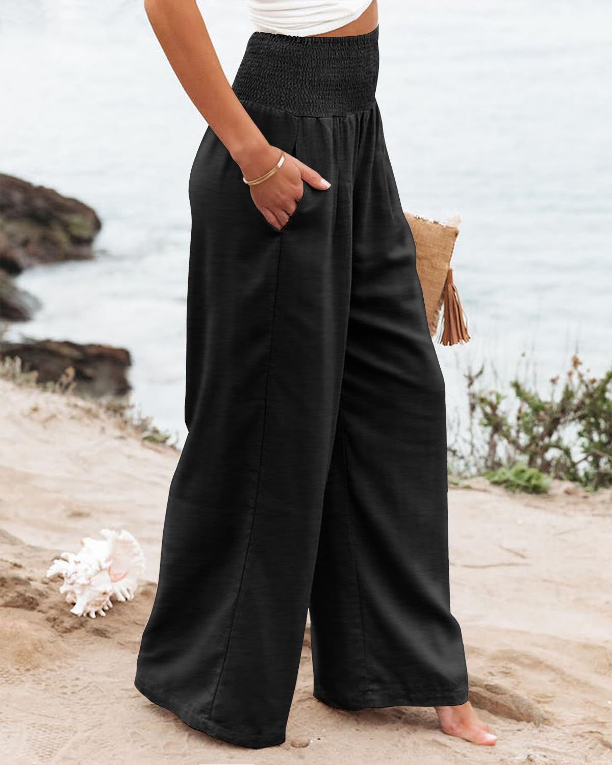 SOMER Womens Elastic High Waisted Palazzo Pants Casual Wide Leg Long Lounge Pant Trousers with Pocket