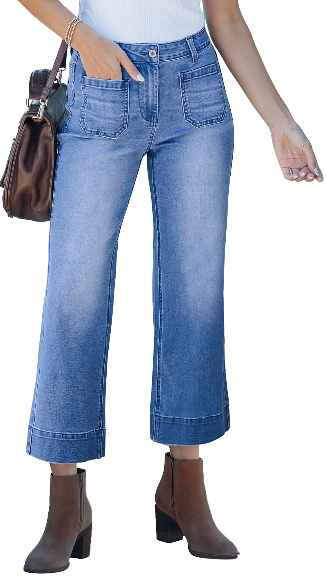 Women's Wide Leg Jeans Denim Pants Crop Flare Leg Jeans High Waisted Stretchy Straight Leg with Buttoned AnklesTrendy Casual with Pocket