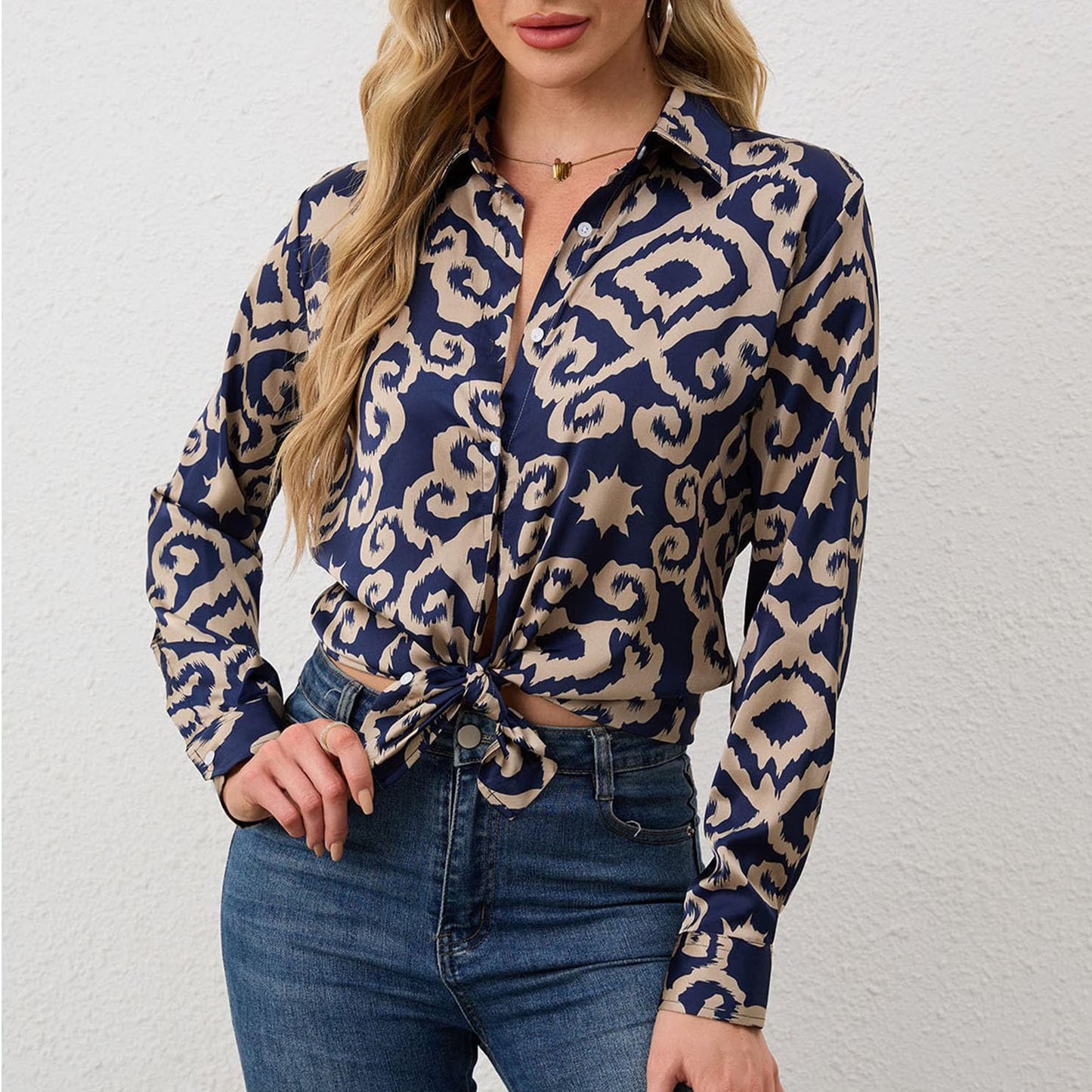 SOMER Button Down Shirts for Womens Dressy Casual Silky Printed Wrinkle-Resistant Long Sleeve Shirts Blouses Tops
