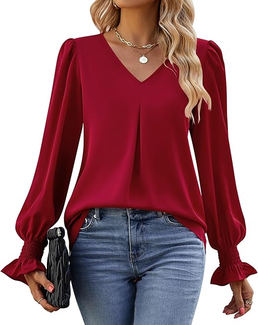 SOMER Shirts Long Sleeve Shirts for Women Tops Dressy Casual V Neck Tunic Shirts Loose Chiffon Work Blouse.