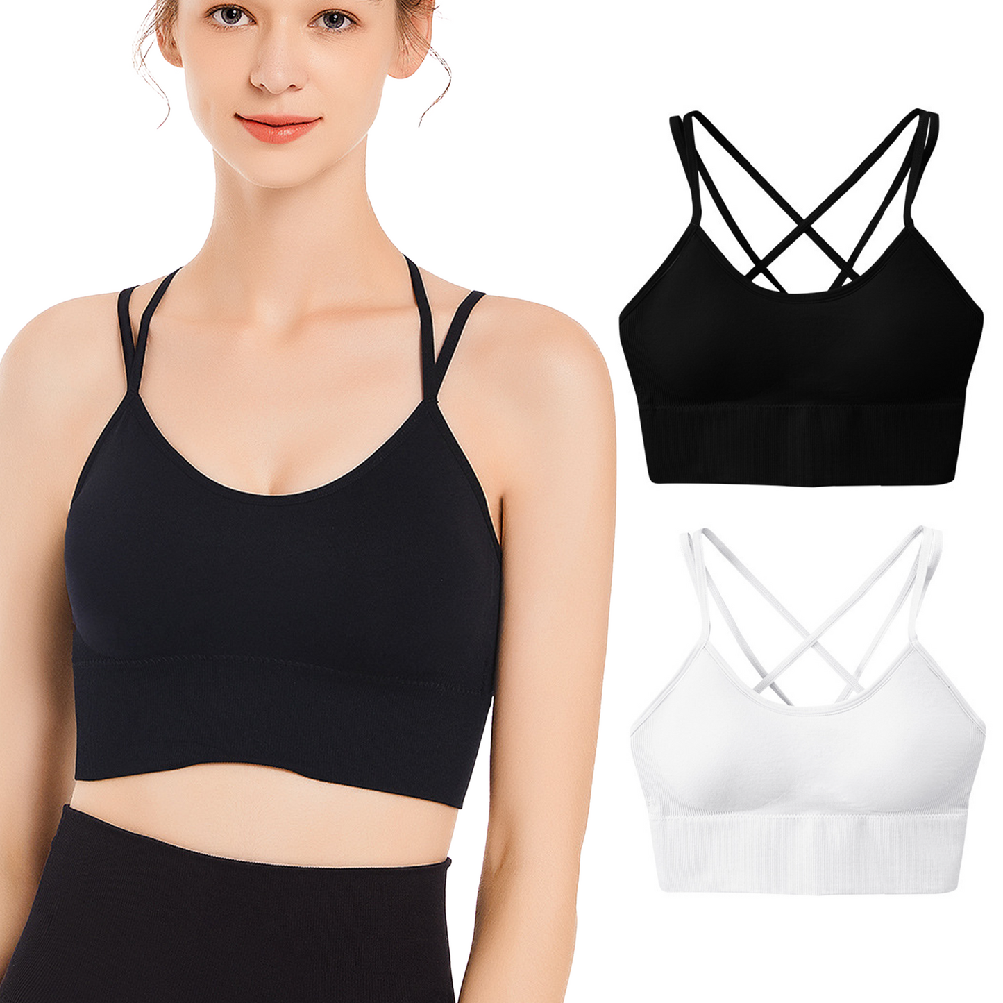 SOMER Sports Bras for Women 2 Pieces Padded Workout Wireless Padded Yoga Bra Tank Top Sexy Crisscross Back High Impact Longline Workout Bra Black+White