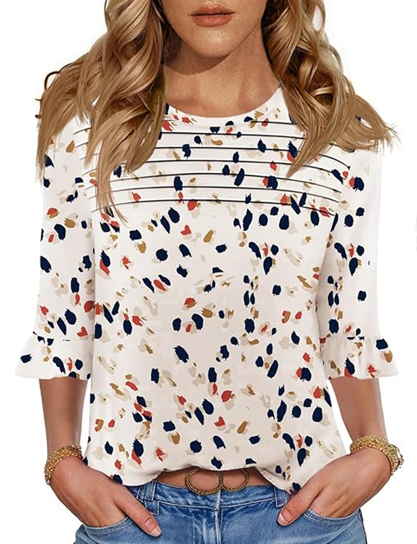 SOMER Women Blouses Casual Floral Print Pleated Crew Neck Tunic Tops with 3/4 Sleeves,2025