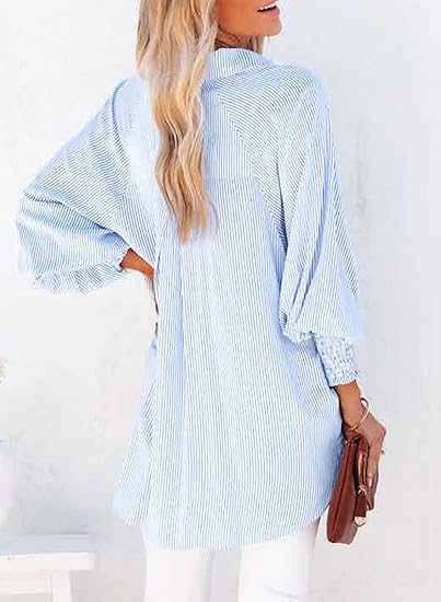 SOMER Womens Smocked Cuffed Striped Boyfriend Shirt Casual Collar Long Sleeve Button Down Blouse Tops with Pocket Shirred