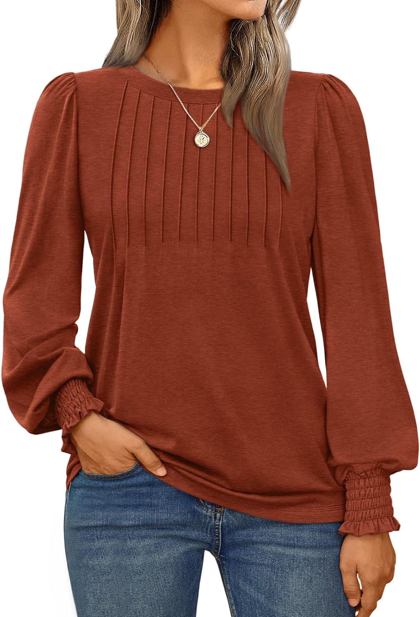 SOMER Womens Tops Long Sleeve Shirts Dressy Casual Blouse Pleated Puff Tunic Tops for Going Out,2025 Fall