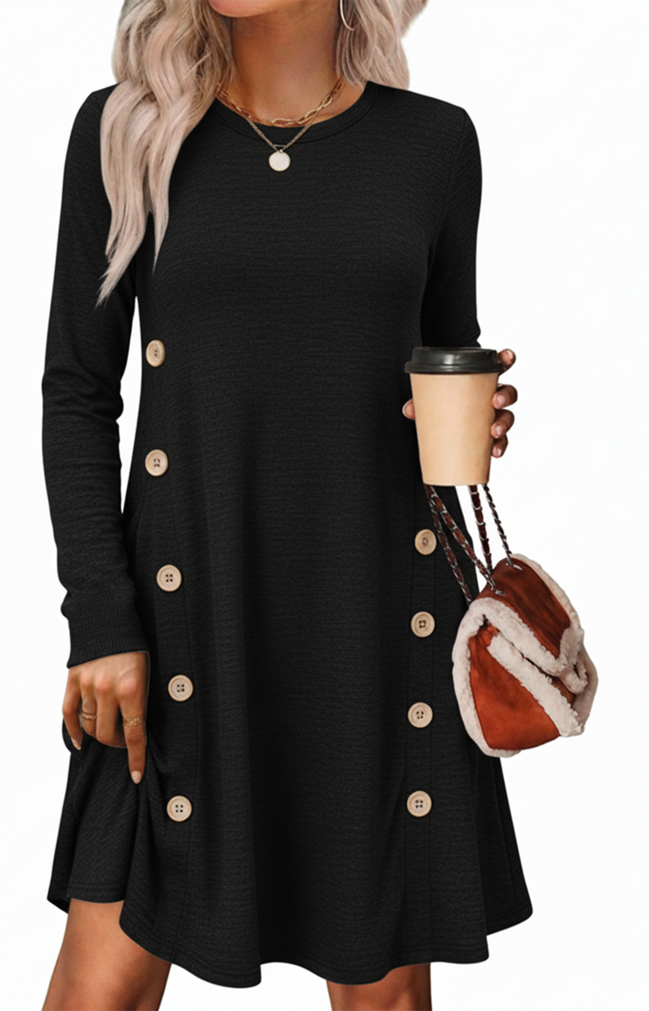 SOMER Womens Dresses Sweater Dress Long Sleeve Dress for Women Round Neck Button Side Causal with Pockets Winter Fall 2025