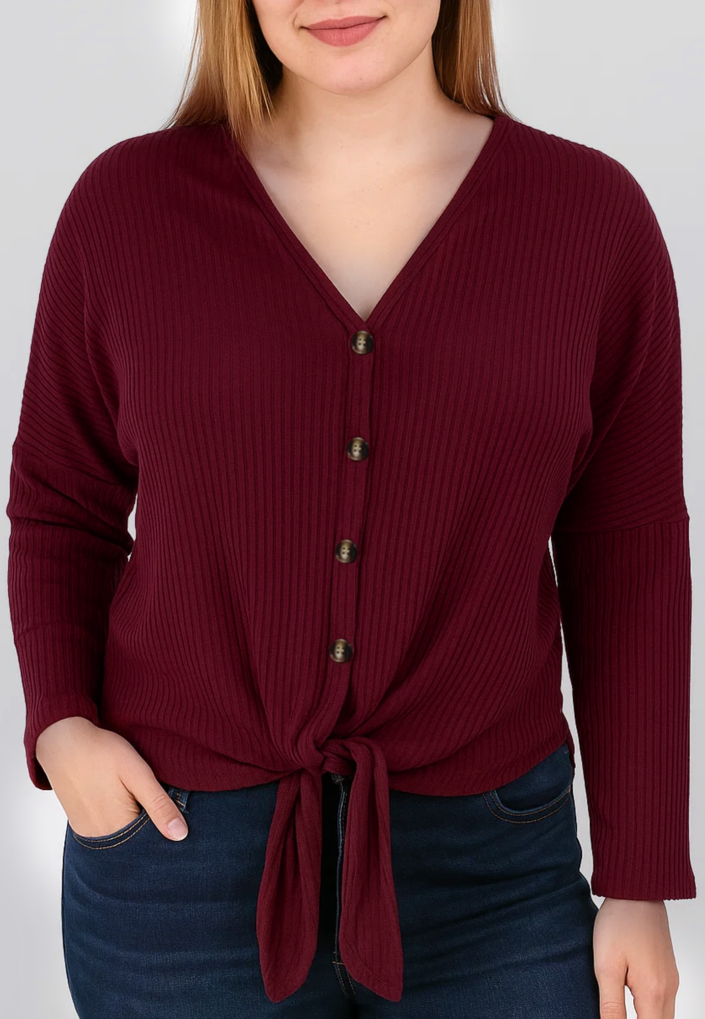 SOMER Woman Blouses Plus Size Long Sleeve V Neck Waffle Knit Tunic Blouse Tie Front Button Up T Shirts