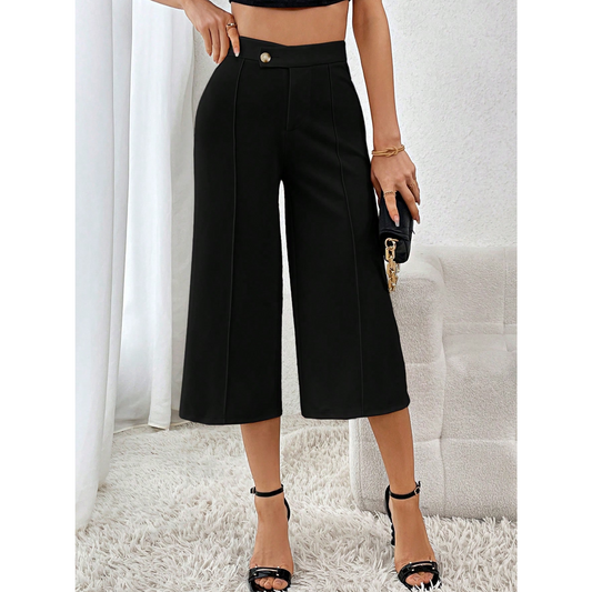 SOMER Capri Pants for Women, Wide Leg Pants Woman, Loose Fit, Black, Solid Color with Buckle, Casual Comfortable