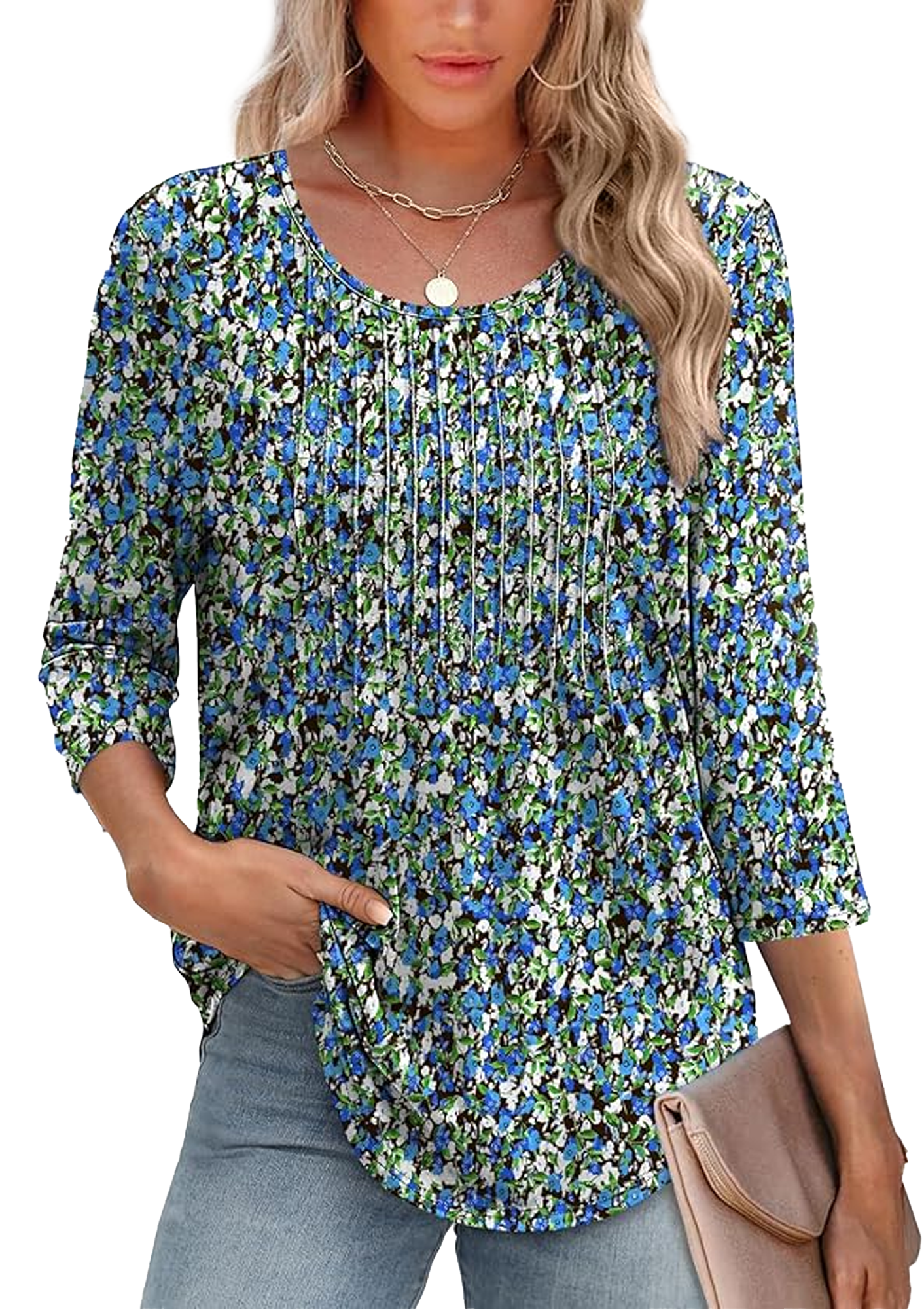 SOMER Women Floral Tunic Top 3/4 Sleeve Dressy Casual Crew Neck Pleated Blouses for Going Out,2025