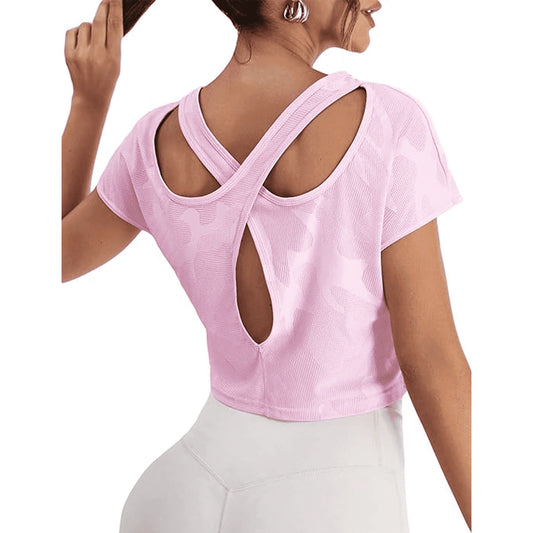 SOMER Women's Summer Tops Short Sleeve Crewneck Cut Out Criss Cross T-Shirts for Athletic Gym Casual,2025 Pink
