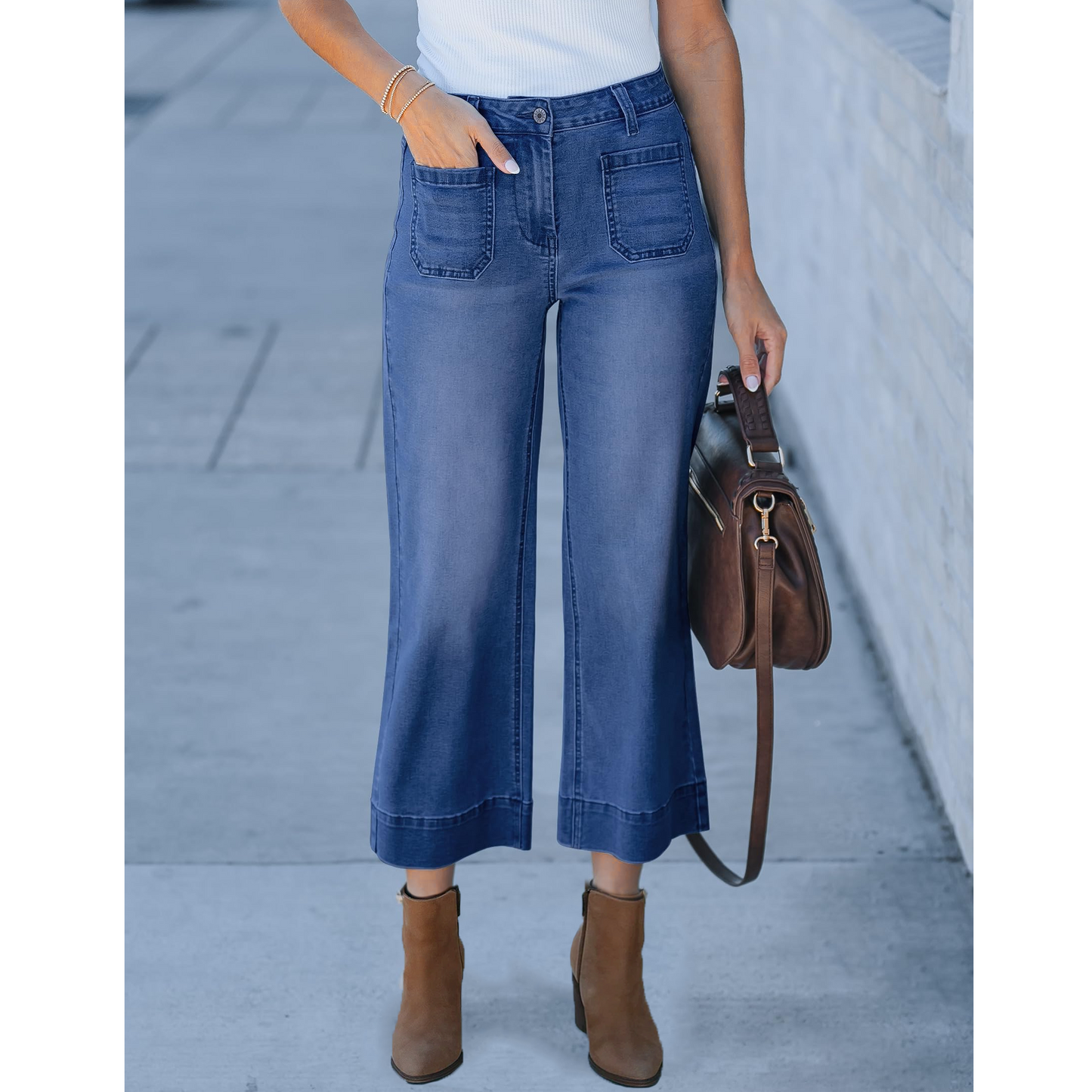 Women's Wide Leg Jeans Denim Pants Crop Flare Leg Jeans High Waisted Stretchy Straight Leg with Buttoned AnklesTrendy Casual with Pocket