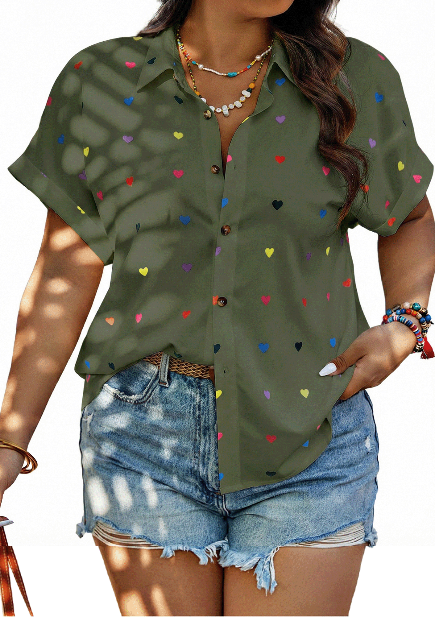 SOMER Plus Size Button Down Shirts for Women Blouses Short Sleeve V Neck Cute Heart Print Shirts Casual Summer Vacation Tops Loose Fit