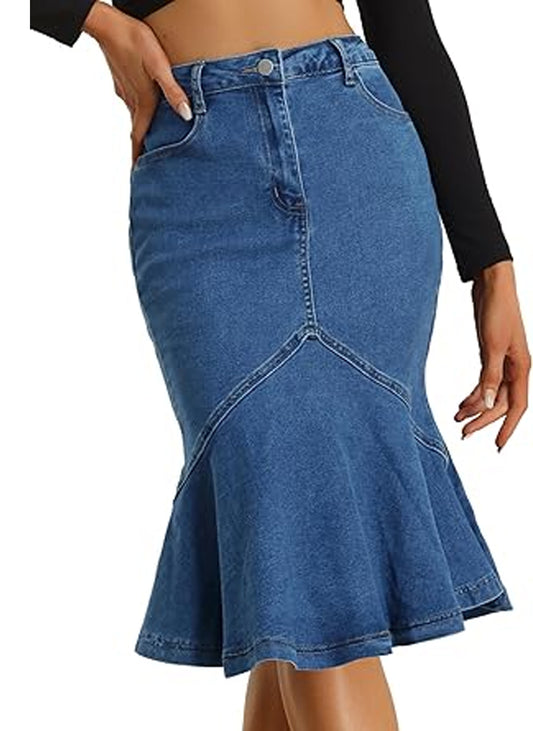 SOMER Women's Denim Mini Skirt Jean High Waisted Bodycon with Ruffles Casual Business Youth Midi Length Jean Skirt Blue