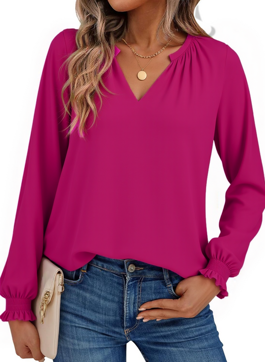 SOMER Blouses for Women Dressy Casual, Trendy V Neck Long Sleeve Shirts for Women, Elegant Casual Womens Fall Tops Pleated Cuffs 2025