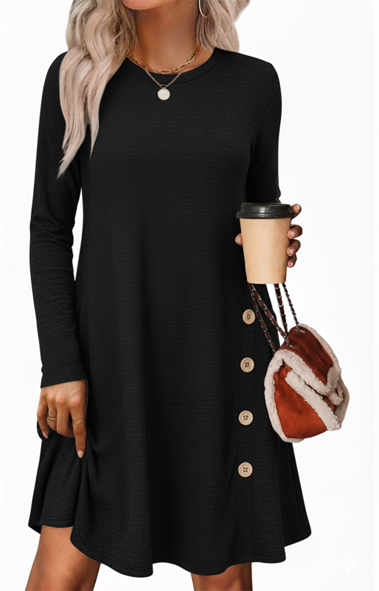 SOMER Dress for Women Winter Dresses Long Sleeve with Pockets Crew Neck Button Side Causal Formal
