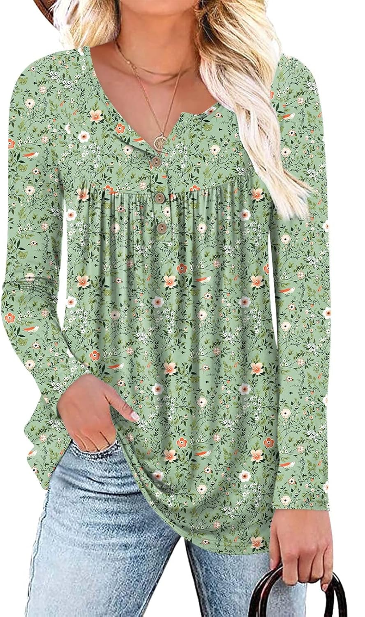 SOMER Boho Tops For Women Long Sleeve Shirts Dressy Casual Blouses With Printed Pleated Button Tunic Tops for Going Out, 2025 Fall Trendy