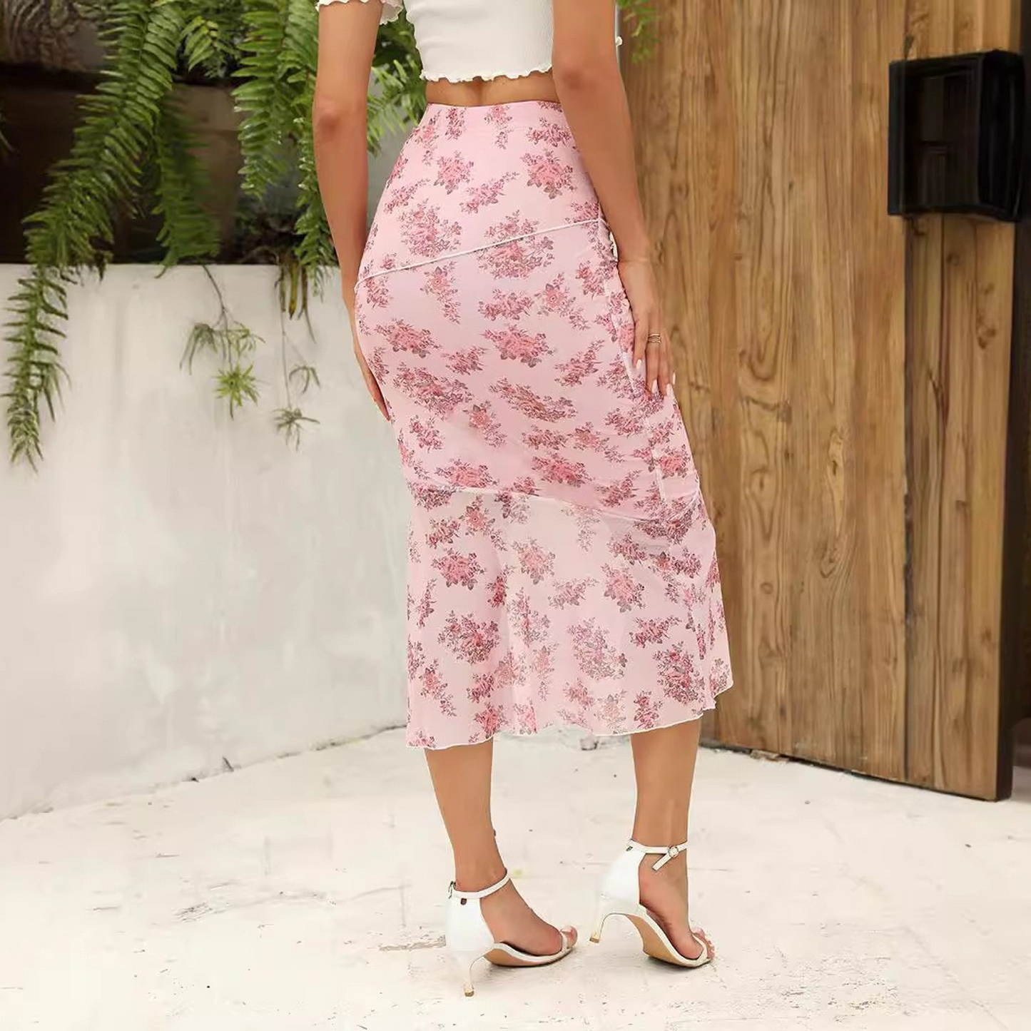 MLDRA Skirts For Women High Waist Floral Print Mermaid Skirt Vintage Ruffle Hem Midi Skirts