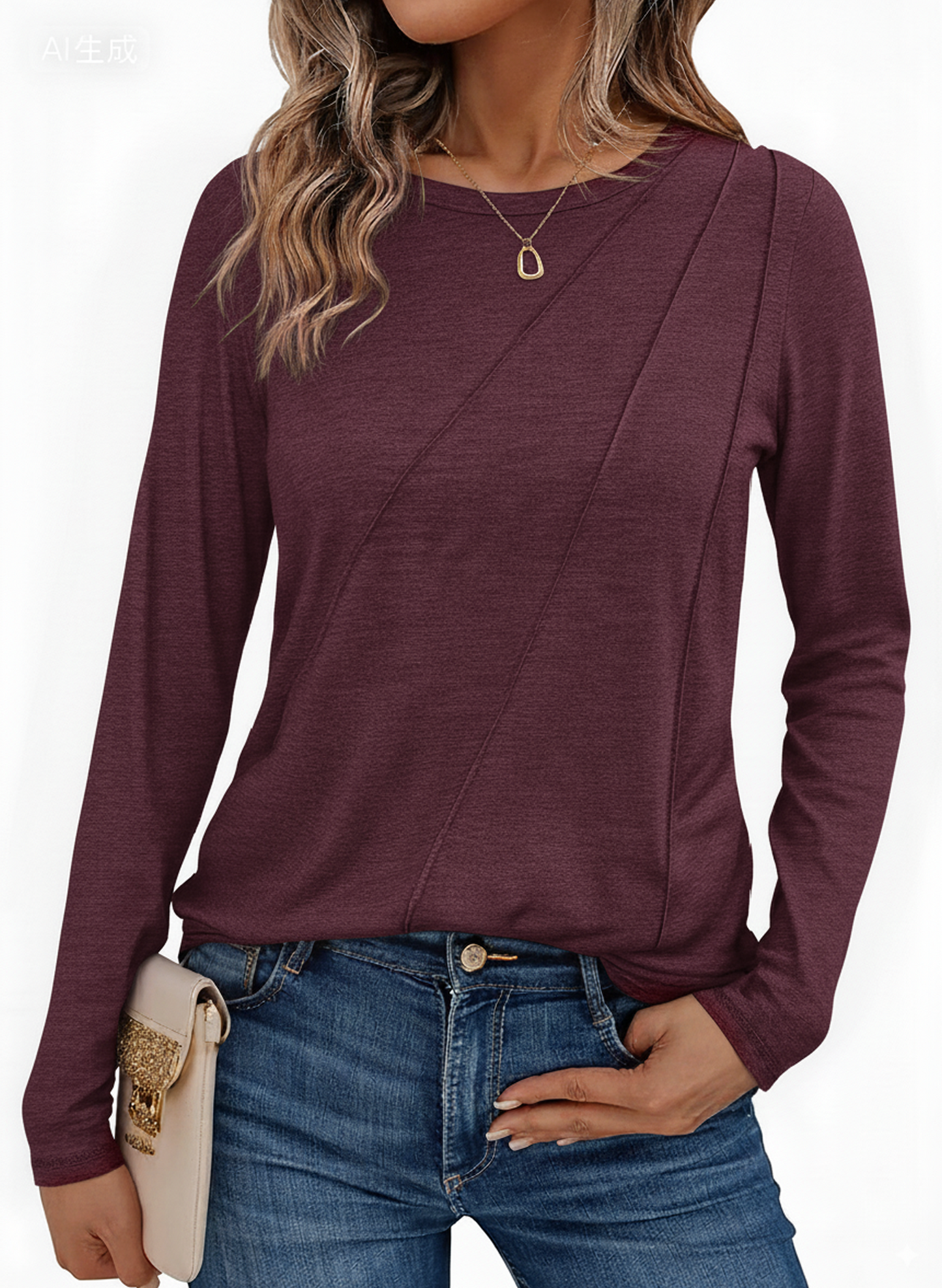 SOMER Womens Long Sleeve Crew Neck Top, Casual Solid Color Shirt with Stylish Diagonal Detail