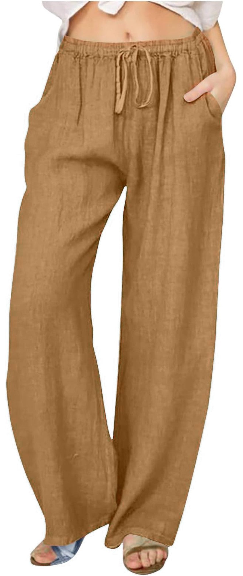 SOMER Pants for Women Flowy Casual Drawstring Waist Wide Leg Loose Cotton Linen Palazzo Pants with Pocket