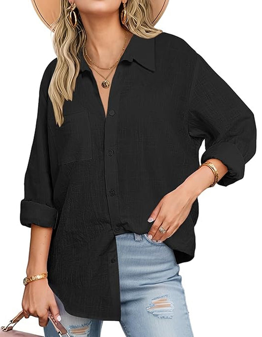 SOMER Women's Button Down Shirts Loose Fit Long Sleeve Blouses Going Out Tops with Pocket,2025