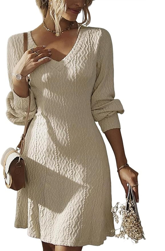 SOMER Womens Dress V-Neck Casual Dresses for Women Ripple Sweater Dress, Dresses for Women 2025 Elegant Classy Fall and Winter Long Sleeve Dress
