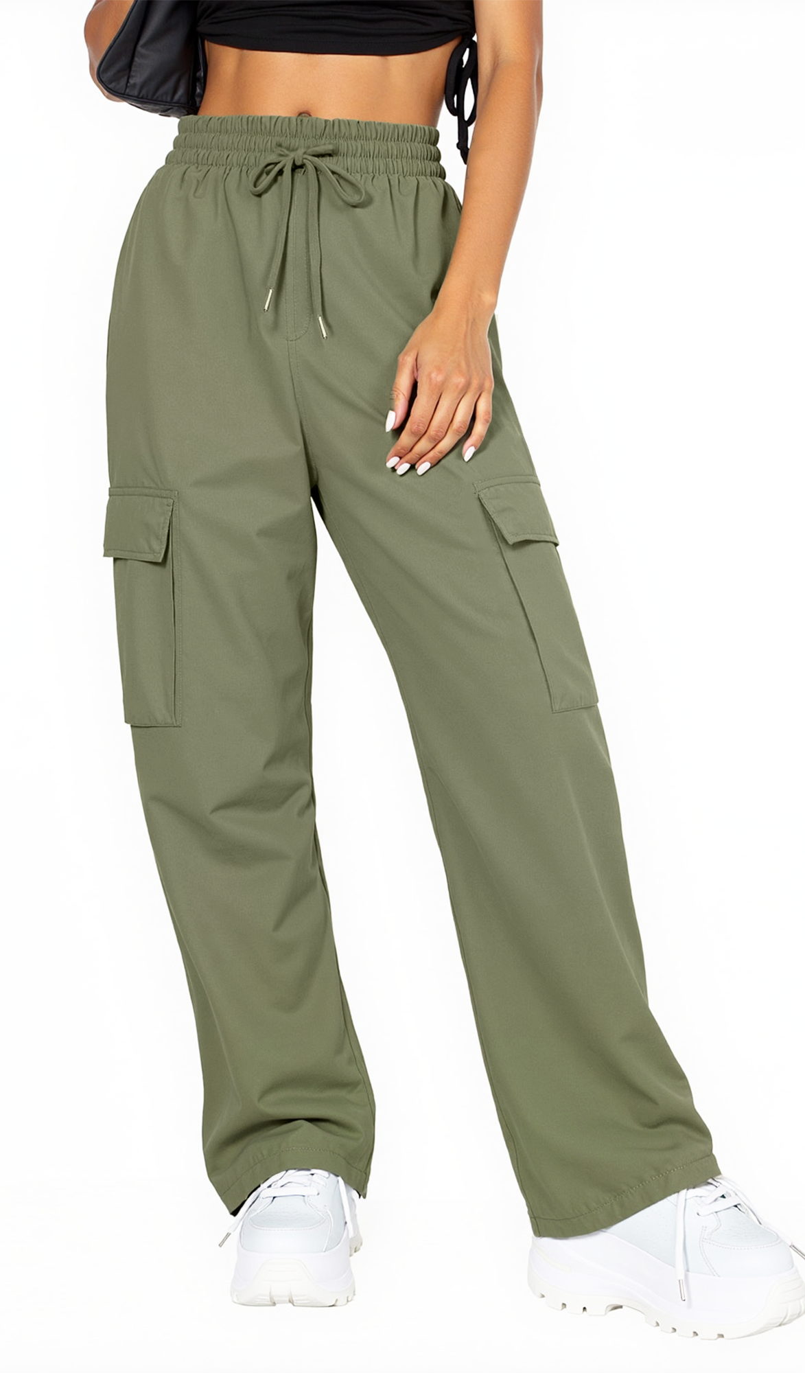 SOMER Cargo Pants Women Drawstring Elastic Joggers for Women High Waist Wide Leg Hiking Pant Trousers Lightweight Casual Pants With Pockets