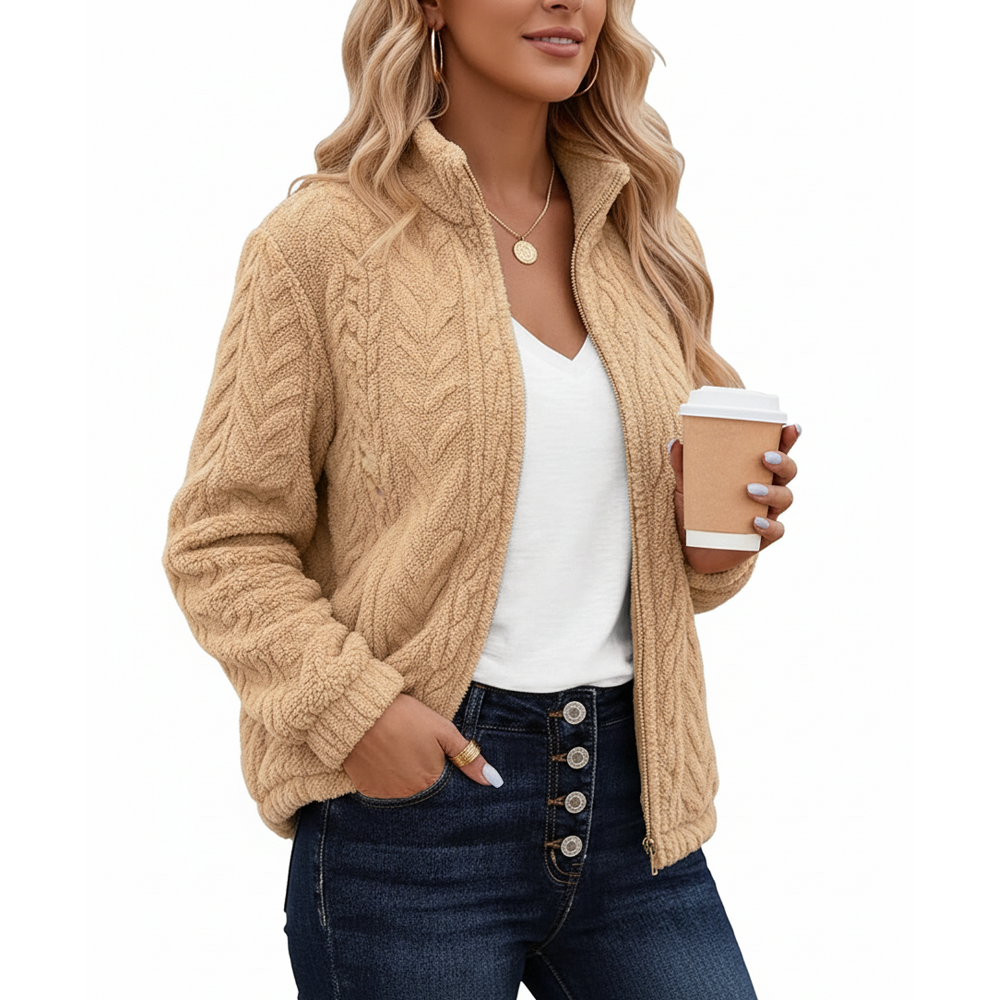 SOMER Fleece Jacket Women Fall Coats Sherpa Jacket Women Long Sleeve with Pockets Brown Zip up Soft Warm, 2025 Winter