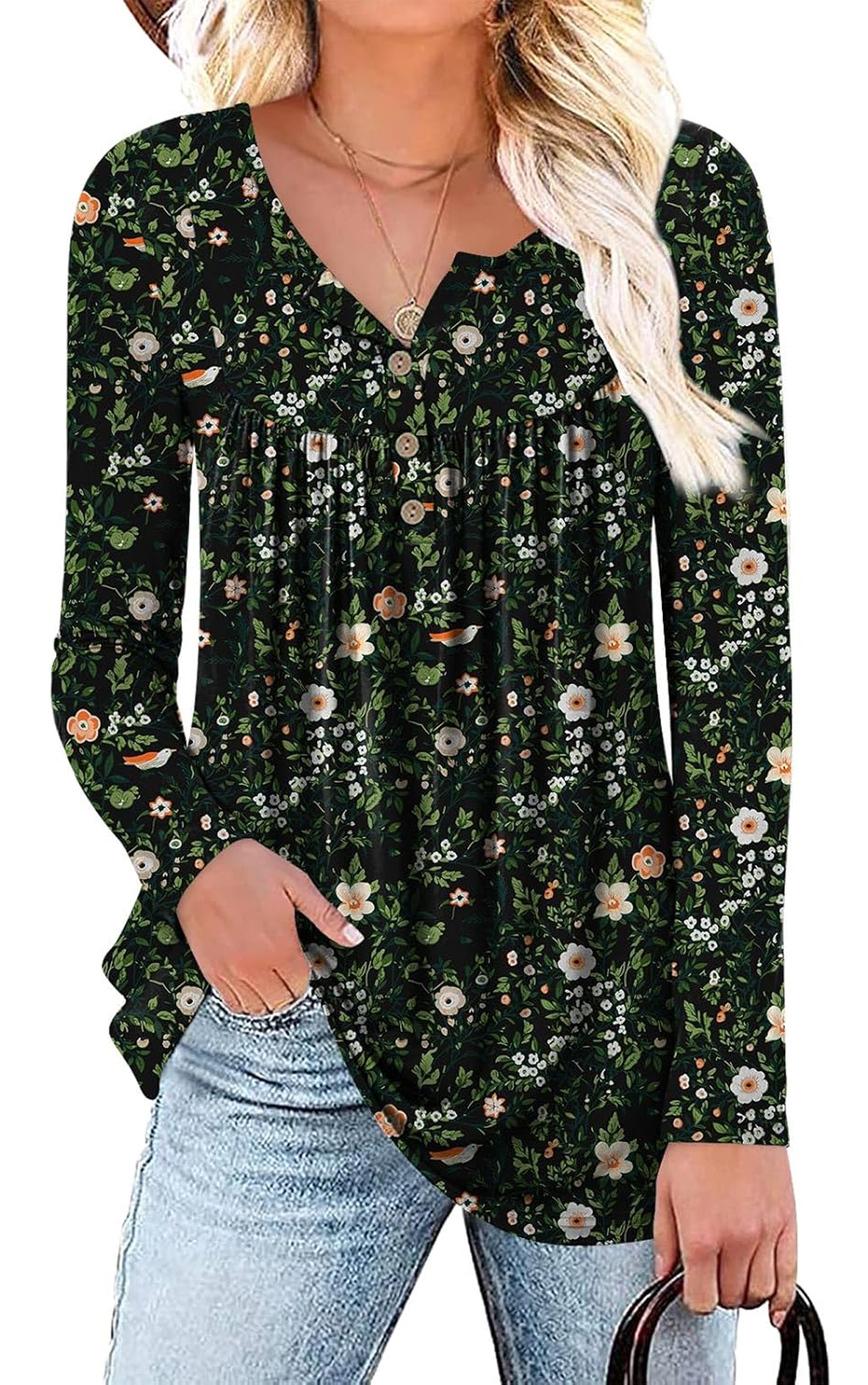 SOMER Boho Tops For Women Long Sleeve Shirts Dressy Casual Blouses With Printed Pleated Button Tunic Tops for Going Out, 2025 Fall Trendy