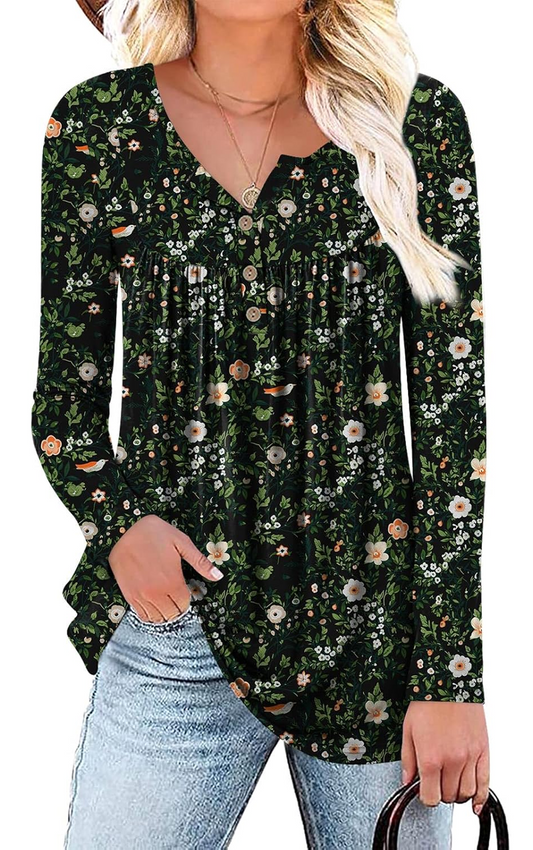 SOMER Boho Tops For Women Long Sleeve Shirts Dressy Casual Blouses With Printed Pleated Button Tunic Tops for Going Out, 2025 Fall Trendy