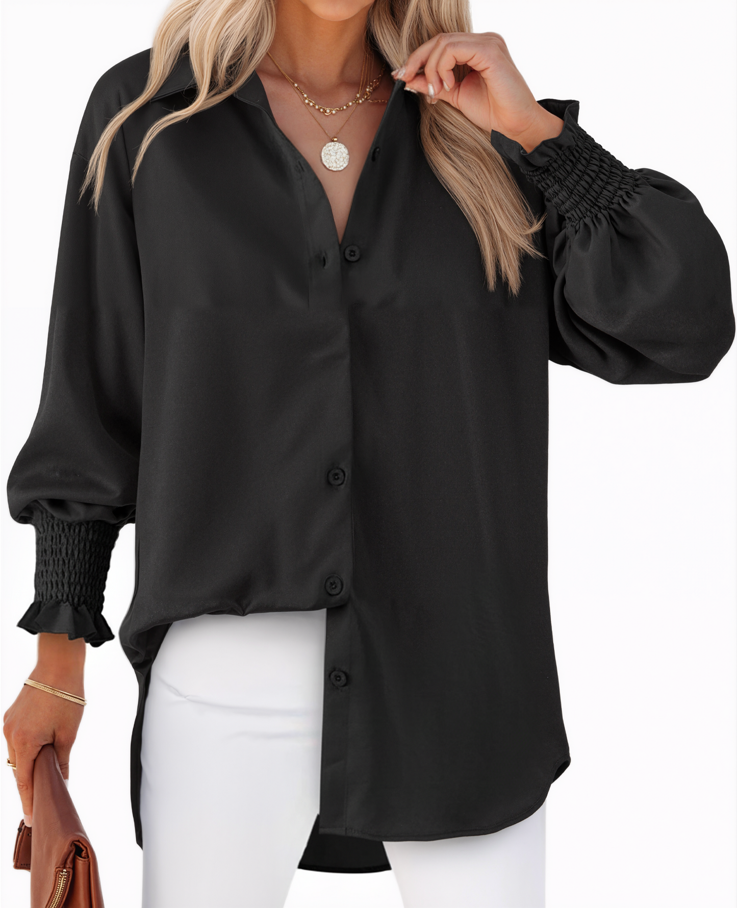 SOMER Button Down Shirts for Women Long Sleeve Womans Tops Smocked Cuffed Blouses for Women Dressy Collared Casual Shirts with Pocket