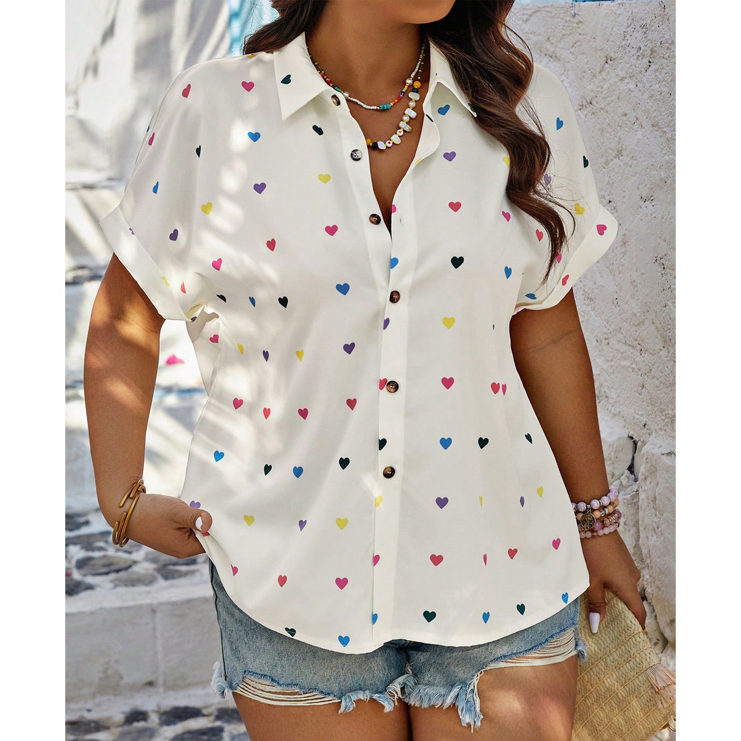 SOMER Plus Size Button Down Shirts for Women Blouses Short Sleeve V Neck Cute Heart Print Shirts Casual Summer Vacation Tops Loose Fit