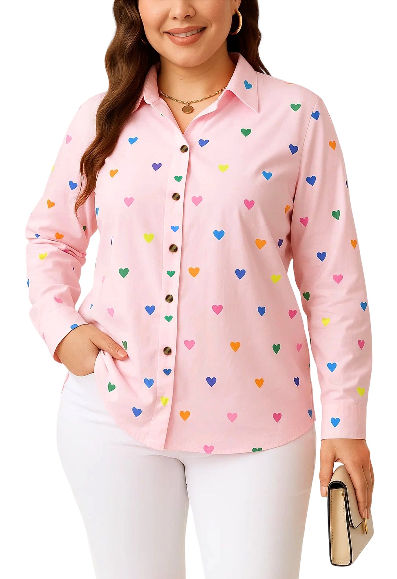 SOMER Woman Blouses Plus Size Heart Print Long Sleeve Tops Button Down Shirts Collared Neck Pink