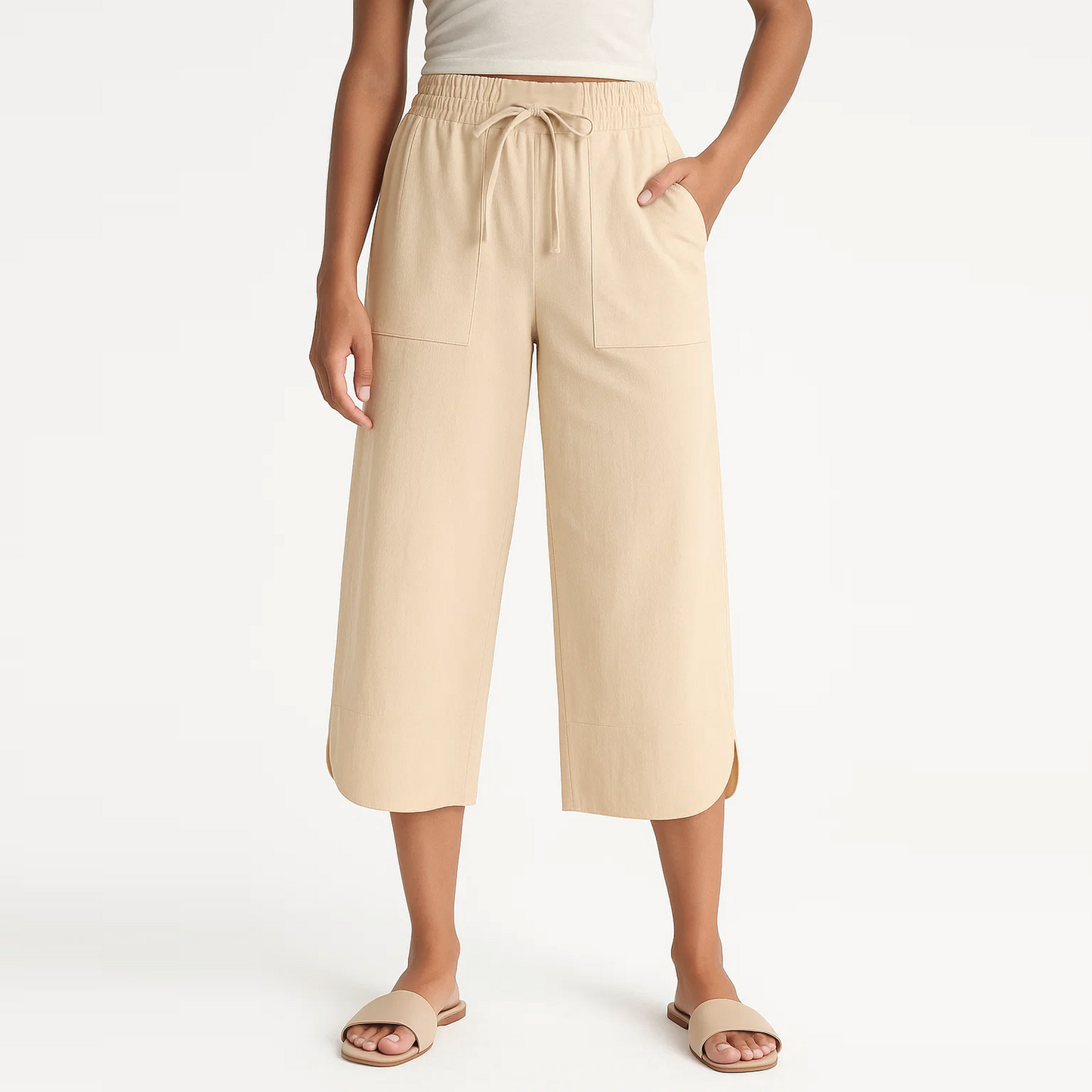 SOMER Linen Pants Women Wide Leg Cropped Capri Pants for Women with Drawstring High Waist Loose Fit Summer Beach Trousers with Pockets, Apricot