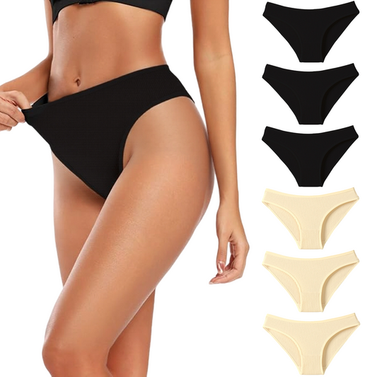 SOMER 6 Pack Womens Underwear Cotton Panties for Women Ladies Underwear Panties Soft Strech Threaded Triangle 2025, 3 Pieces Black + 3 Pieces Apricot