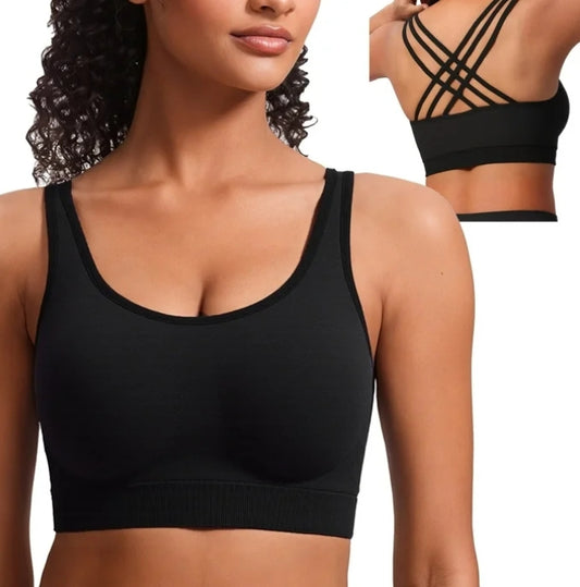 SOMER Women’s Sports Bra Strappy Back Padded Seamless Workout Bra High Impact Support Stretchy Yoga Tank Top for Gym Running Fitness