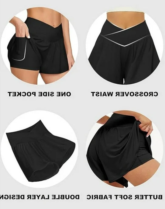SOMER Women Gym Shorts Athletic Workout Biker Shorts 2 in 1 Crossover Yoga Flowy Running Shorts Tennis Golf Skorts with Pocket
