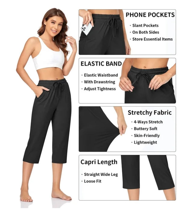 SOMER Yoga Pants with Pockets for Women Capri Flared Pants High Waist Drawstring Workout Pants Casual Work Pants Flare Leggings for Summer