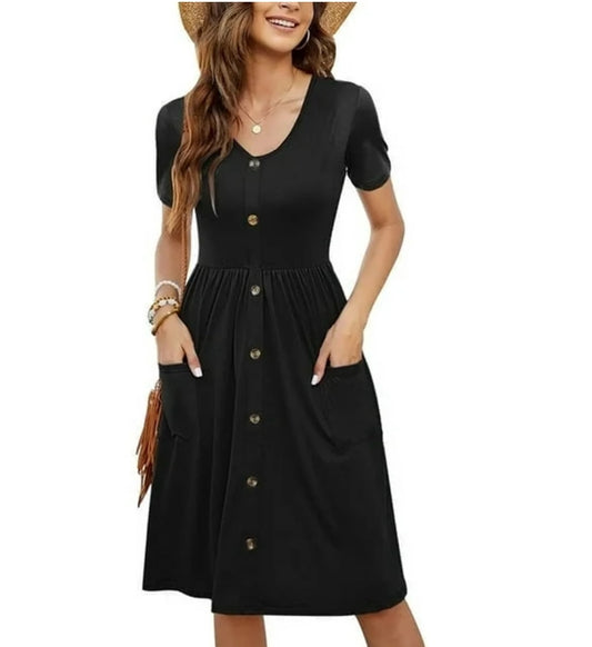 SOMER Women's Summer Dresses Casual Short Sleeve Dresses Loose Button Elastic Waist Dress with Pockets