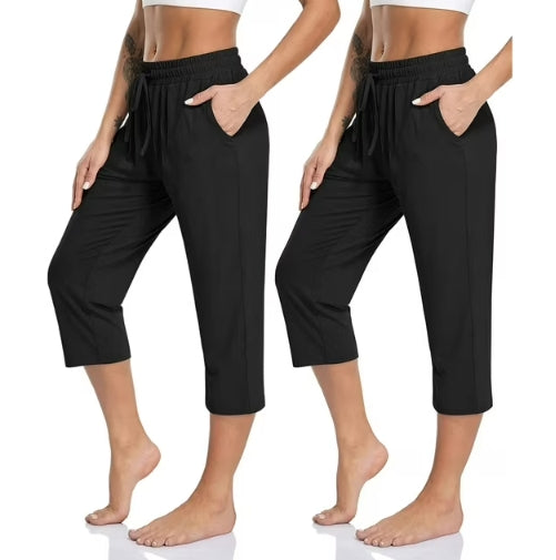 SOMER 2-Pack Yoga Pants with Pockets for Women Capri Flared Pants High Waist Drawstring Workout Pants Casual Work Pants Flare Leggings for Summer