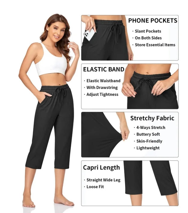 SOMER 2-Pack Yoga Pants with Pockets for Women Capri Flared Pants High Waist Drawstring Workout Pants Casual Work Pants Flare Leggings for Summer