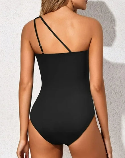 SOMER One Shoulder One Piece Swimsuit for Women Tummy Control Bathing Suits Modest Full Coverage Keyhole Swimwear, Black