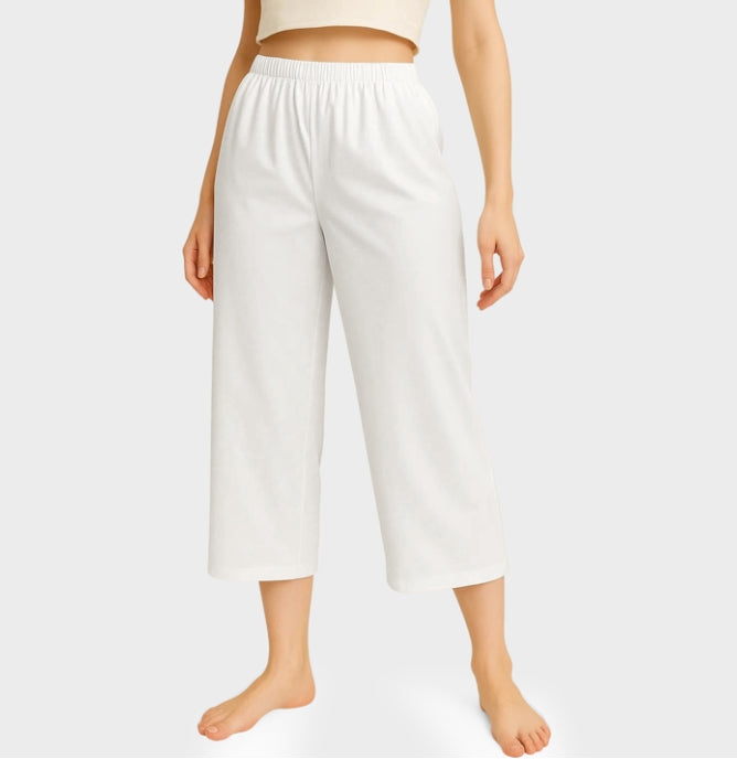 SOMER Capri Pants for Women Casual Cropped Linen Pants Women with Side Slits, Apricot, Loose Comfortable Lounge Pants with Decorative Buttons