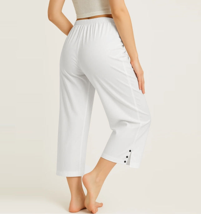 SOMER Capri Pants for Women Casual Cropped Linen Pants Women with Side Slits, Apricot, Loose Comfortable Lounge Pants with Decorative Buttons