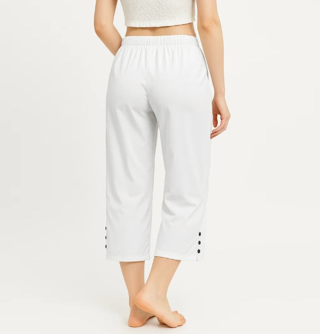 SOMER Capri Pants for Women Casual Cropped Linen Pants Women with Side Slits, Apricot, Loose Comfortable Lounge Pants with Decorative Buttons