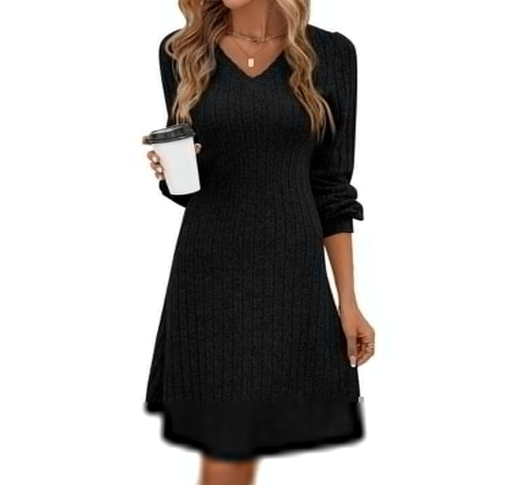 SOMER Women Dresses Plain Casual Long Sleeve Dress V Neck A-Line Pullover Wedding Guest Midi Dress for Fall Winter and Spring