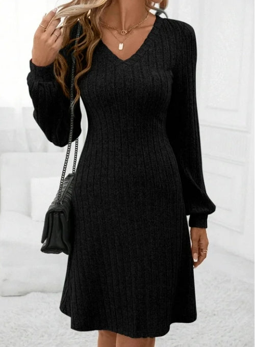 SOMER Women Dresses Plain Casual Long Sleeve Dress V Neck A-Line Pullover Wedding Guest Midi Dress for Fall Winter and Spring