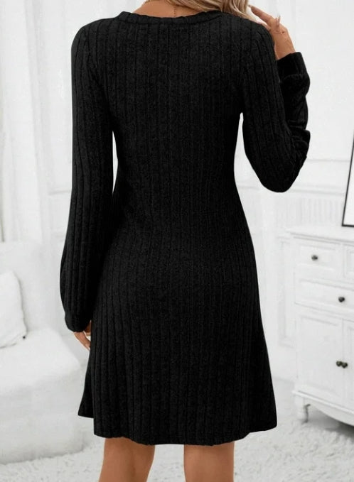SOMER Women Dresses Plain Casual Long Sleeve Dress V Neck A-Line Pullover Wedding Guest Midi Dress for Fall Winter and Spring