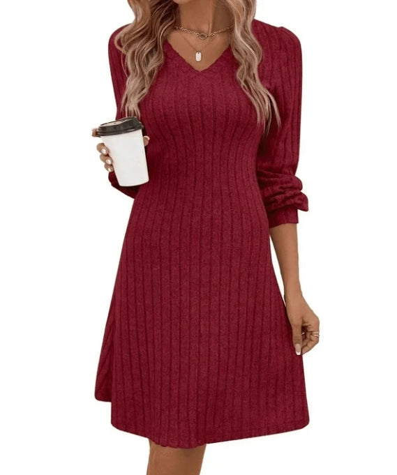 SOMER Women Dresses Plain Casual Long Sleeve Dress V Neck A-Line Pullover Wedding Guest Midi Dress for Fall Winter and Spring
