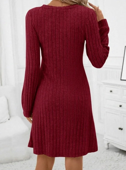 SOMER Women Dresses Plain Casual Long Sleeve Dress V Neck A-Line Pullover Wedding Guest Midi Dress for Fall Winter and Spring