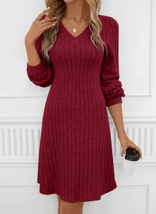 SOMER Women Dresses Plain Casual Long Sleeve Dress V Neck A-Line Pullover Wedding Guest Midi Dress for Fall Winter and Spring
