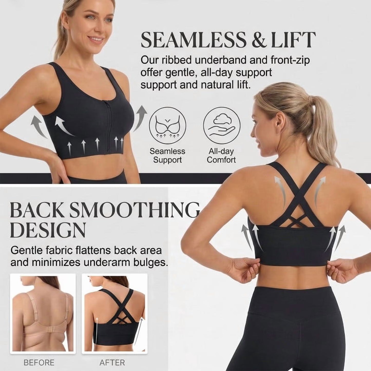 SOMER Women's Sports Bras Zip Front High Support Wireless Padded Strappy Athletic Yoga Workout Bra
